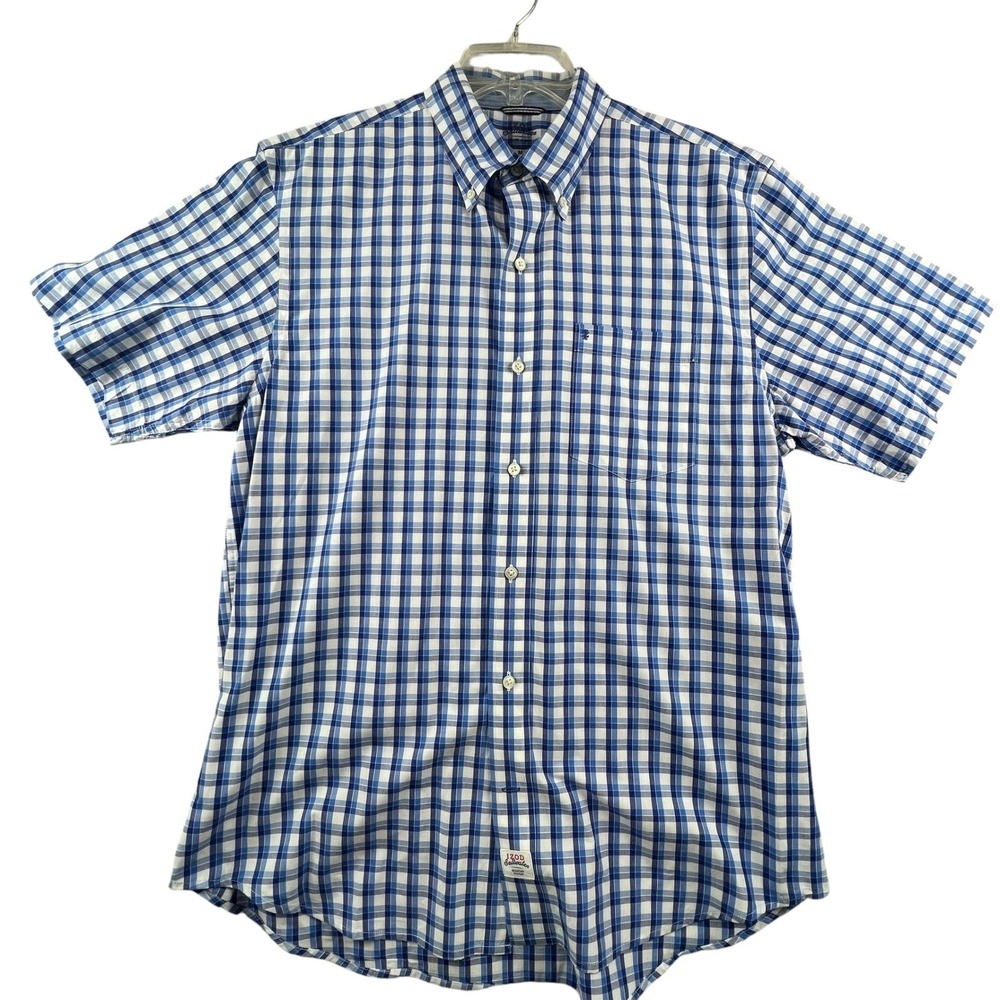 IZOD Button Down Shirt Mens M Blue Plaid Saltwater Seaport Poplin Short Sleeve